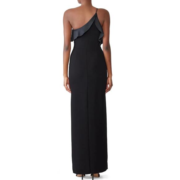 Halston Heritage One-Shoulder Draped Satin-Paneled Crepe Gown Black Dress Sz 4 - Picture 7 of 16